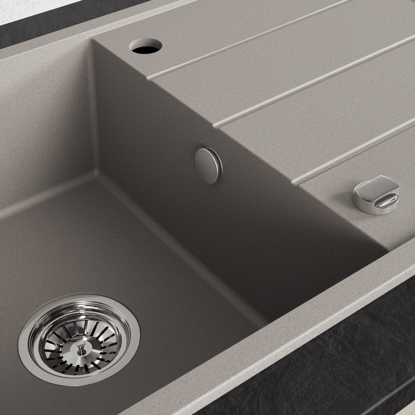 Close-up of a Laveo granite sink and integrated drainer